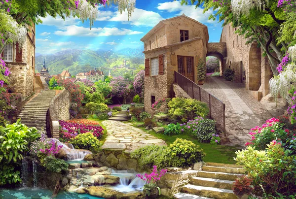 Krásná Koláž Přístupem Zahrady Starými Domy Květinami Vodopády Digitální Koláž — Stock fotografie