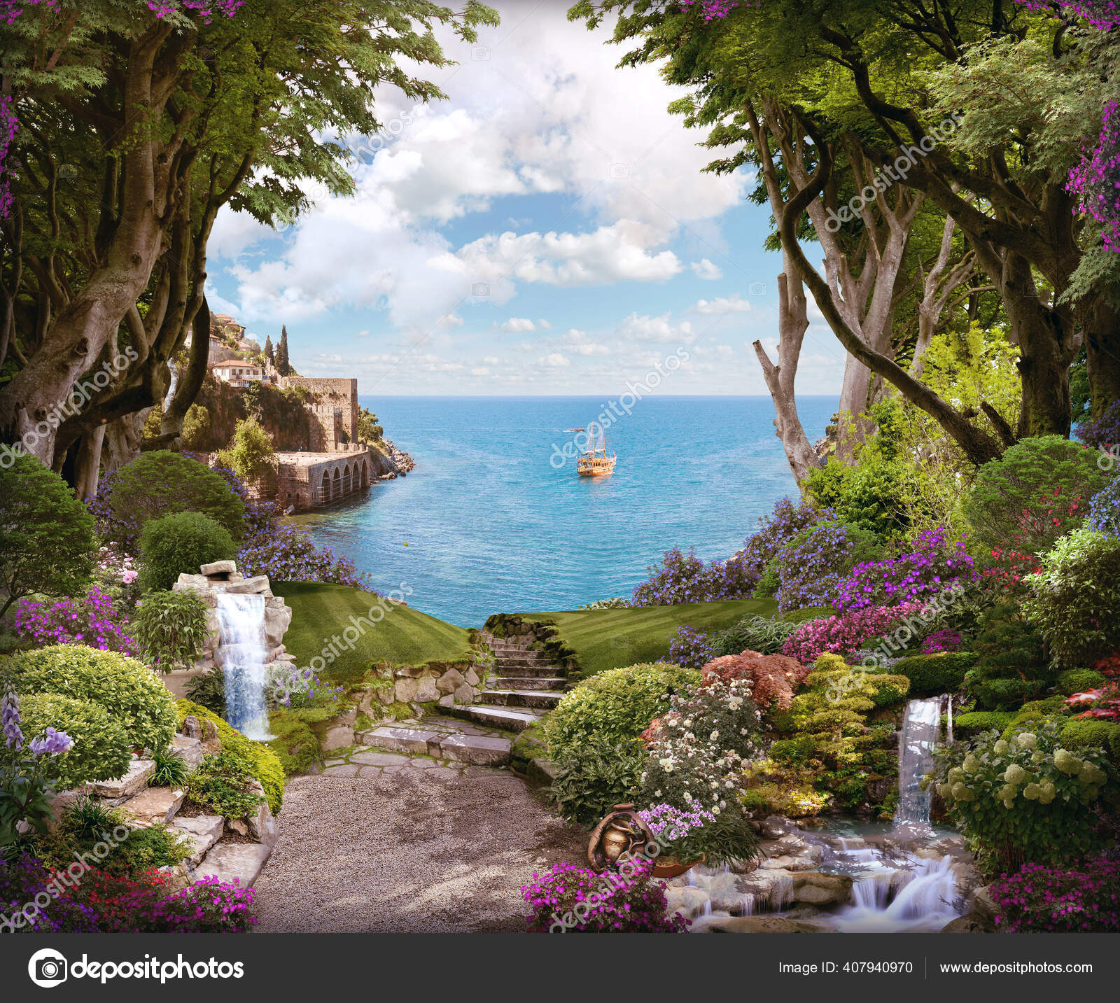Beautiful Forest Flowers Waterfalls Access Sea Digital Fresco Mural Wallpaper Stock Photo by ©Cyrum 407940970 Beautiful Forest Flowers Waterfalls Access Sea Digital Fresco Mural Wallpaper Stock Photo by ©Cyrum 407940970