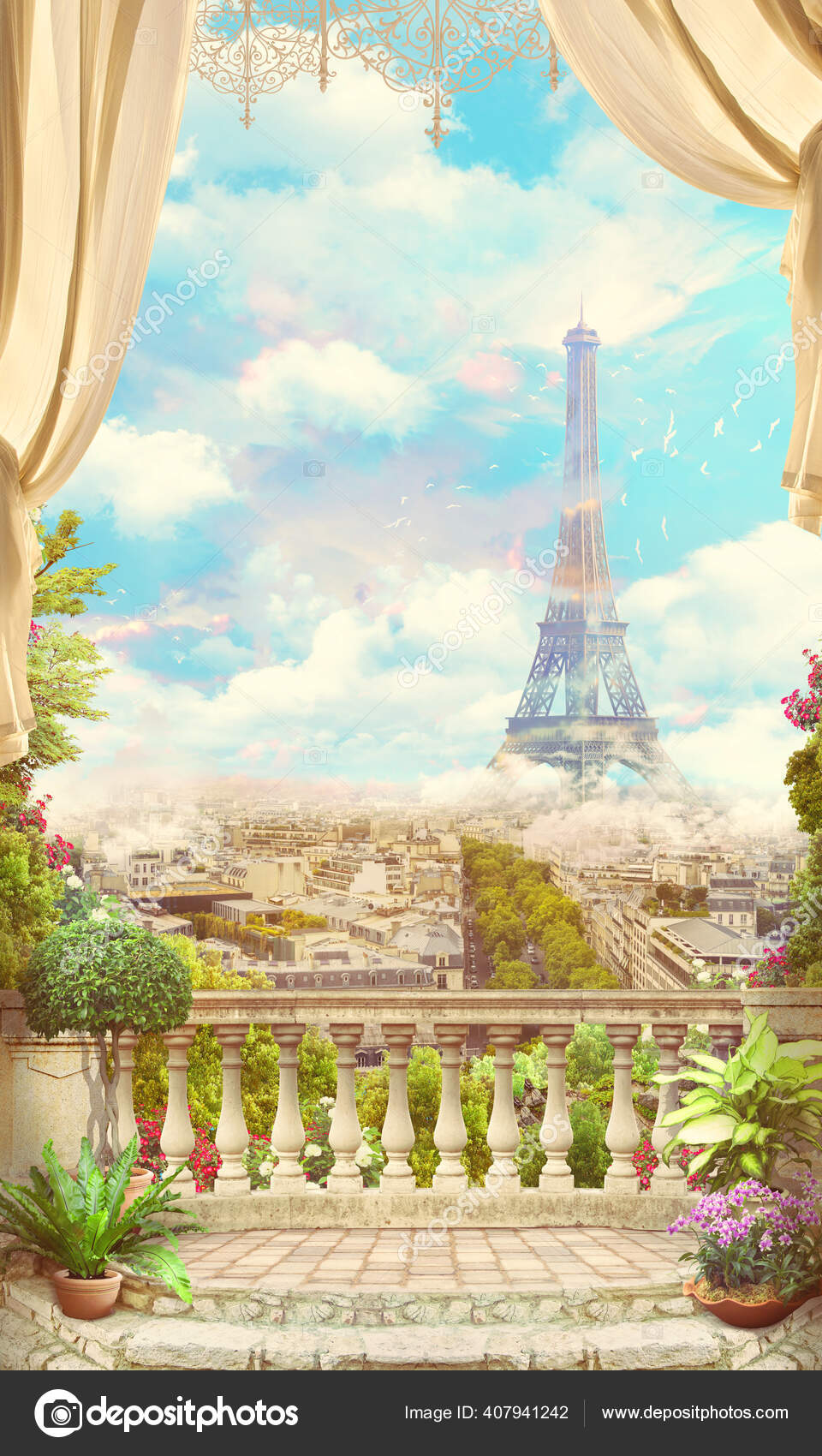 Beautiful View Balcony White Red Roses Paris Eiffel Tower Digital Stock Photo by ©Cyrum 407941242 Beautiful View Balcony White Red Roses Paris Eiffel Tower Digital Stock Photo by ©Cyrum 407941242