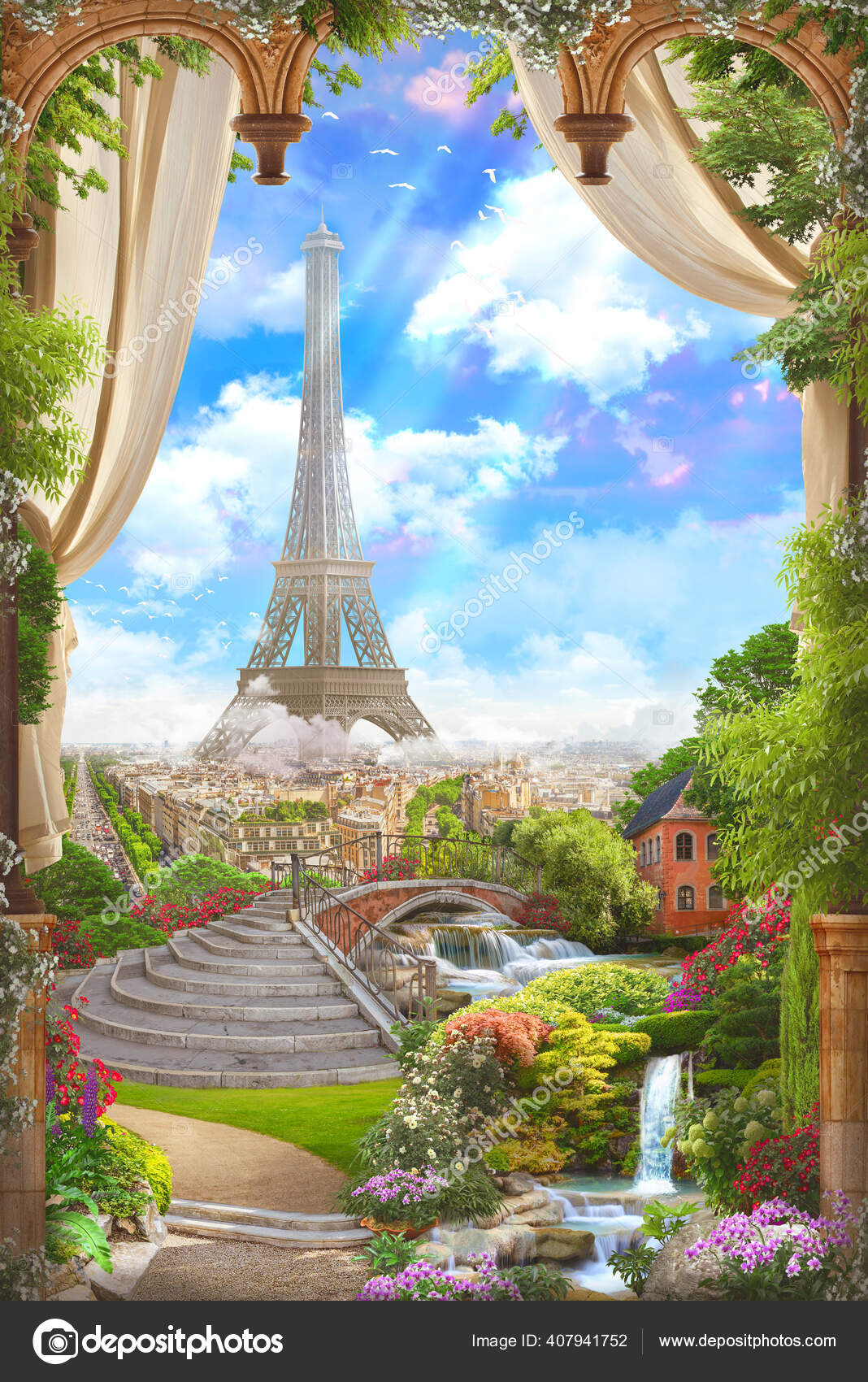 Bela Vista Paris Torre Eiffel Partir Arco Flores Com Cachoeiras — Foto ©  Cyrum #407941752, image size:1068x1700