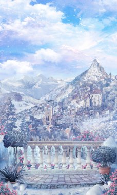 Şatosu olan güzel bir kış manzarası, donmakta olan çiçekler ve kar yığınları. Dijital kolaj, duvar resmi ve fresk. Duvar kağıdı. Poster tasarımı. Modüler panno.
