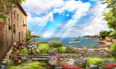 Teras 'ın güzel manzarası, çiçekli ve denize erişimi olan. Duvar ve duvar kağıtları. Arkaplan ve poster.