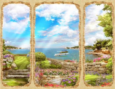 Kırık duvardan deniz manzarası çok güzel. Dijital kolaj, duvar resmi ve fresk. Duvar kağıdı. Poster tasarımı. Modüler panno.