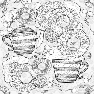 Kawaii tatlı yemekleriyle kusursuz desen. Donut, kiraz ve çizgili arka planda tabaklar. Sevimli karikatür şekerleri, tatlılar. Tekstil baskısı için hayal gücü. Duvar kağıdı..