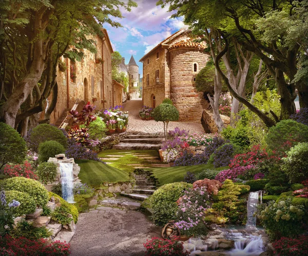 Beautiful Forest Flowers Waterfalls Access Old Street Digital Collage Mural — Stock Photo, Image