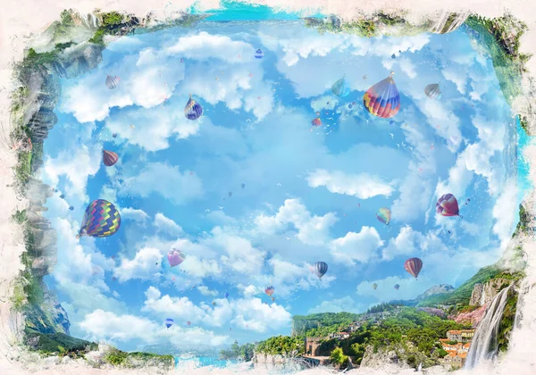 Vackert Taklandskap Med Ballonger Vattenfall Kust Digitalt Collage Väggmålning Och — Stockfoto