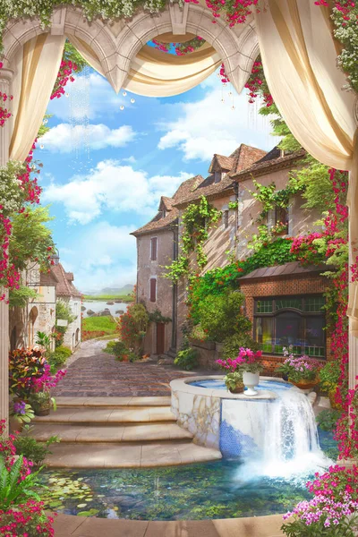 Vackert Collage Med Utsikt Från Bågen Gamla Hus Italien Blommor — Stockfoto