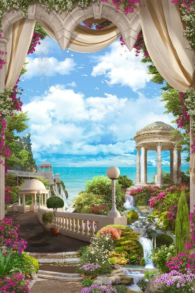 Beautiful Views Sea White Gazebo Terrace Pink Flowers Beige Curtains — Stock Photo, Image