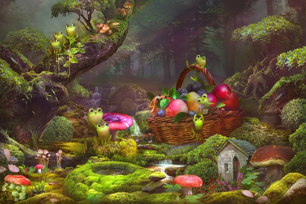 Illustration Children Frogs Basket Blueberries Apples Forest Mushroom Meadow Digital — Stock Photo, Image