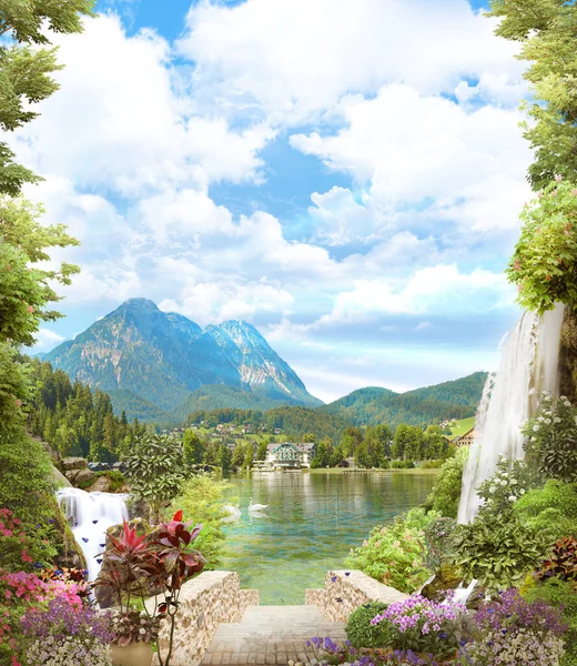 Vacker Utsikt Över Berget Och Sjön Med Blommor Modulär Panno — Stockfoto