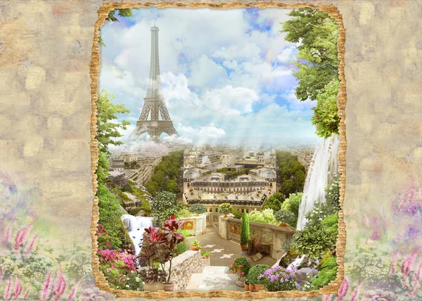 Beautiful View Paris Eiffel Tower Garden Waterfall Photo Wallpaper Digital — Stock Photo, Image