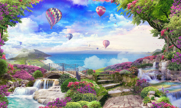 Beautiful sea view with access to the garden, old houses, flowers and waterfalls. Balloons in the sky. Digital collage, panels and panels. Wallpaper. Poster design. Modular panel.