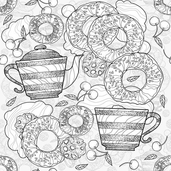Seamless Pattern Kawaii Sweet Food Donuts Cherries Dishes Striped Background — Stock Photo, Image