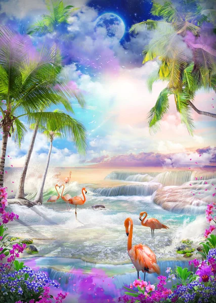 Beautiful sea view from the flower  garden of orchids and palm trees. Pink sunrise and flamingos on the shore. Paradise Island. Digital collage, mural and fresco. Wallpaper. Modular panno. 