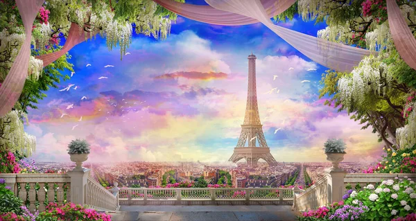 Beautiful View Flower Covered Balcony Eiffel Tower Pink Sunset Digital — Stock Photo, Image