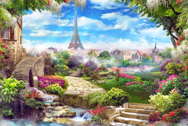 Beautiful View Eiffel Tower Access Garden Old Houses Flowers Waterfalls — Stock Photo, Image