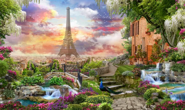 Beautiful Collage Access Paris Ancient Houses Italy Flowers Waterfalls Digital — Stock Photo, Image