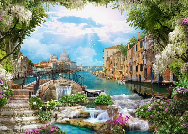 Vackert Collage Med Tillgång Till Havet Antika Husen Venedig Blommor — Stockfoto