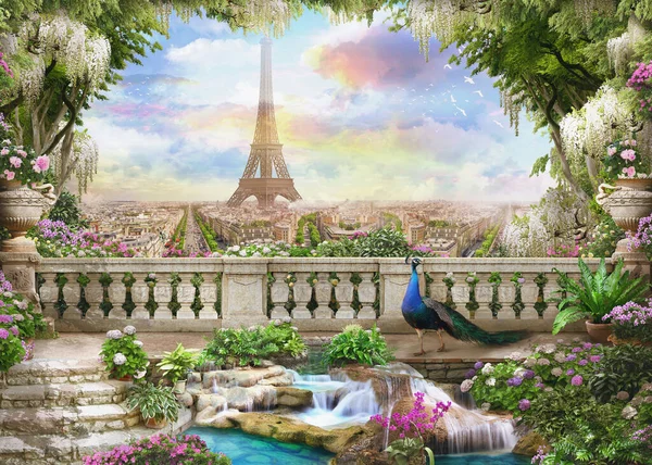 Vacker Utsikt Från Den Blommiga Balkongen Till Eiffeltornet Och Rosa — Stockfoto