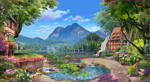 Vacker Utsikt Över Sjön Och Bergen Från Den Blommande Trädgården — Stockfoto