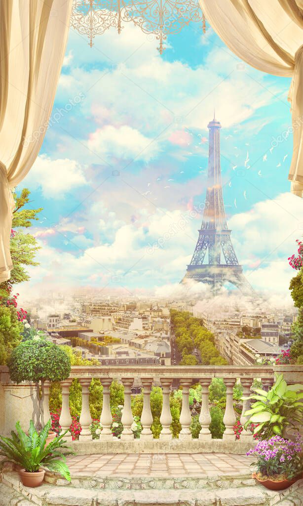 Beautiful view from the balcony, in white and red roses, of Paris and the Eiffel Tower. Digital collage , mural and fresco. Wallpaper. Poster design. Modular panno.