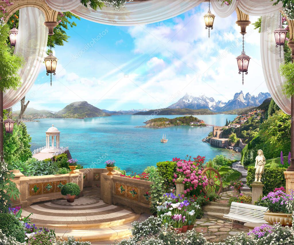 View from the balcony on the coast of Italy with white curtains, lanterns and a beautiful garden. Digital fresco. Wallpaper.