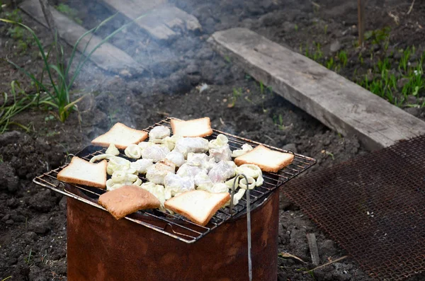 猪肉和面包的肉烧烤烹饪夏季家庭晚餐 — 图库照片