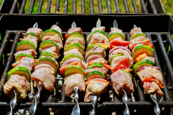 Brochettes Kebab Porc Mariné Légumes Sur Gril — Photo