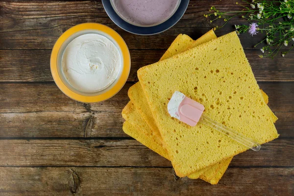 Készítés Összetevők Hogy Négyzet Alakú Torta Felülnézet — Stock Fotó