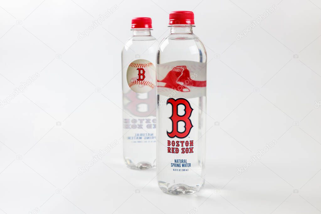 October 25, 2023. Spartanburg, SC USA. Two bottles of natural spring water each displaying Boston Red Sox logo. Ideal for hydration during sports activities.