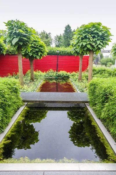Дизайн сада с прудом и красной стеной — стоковое фото