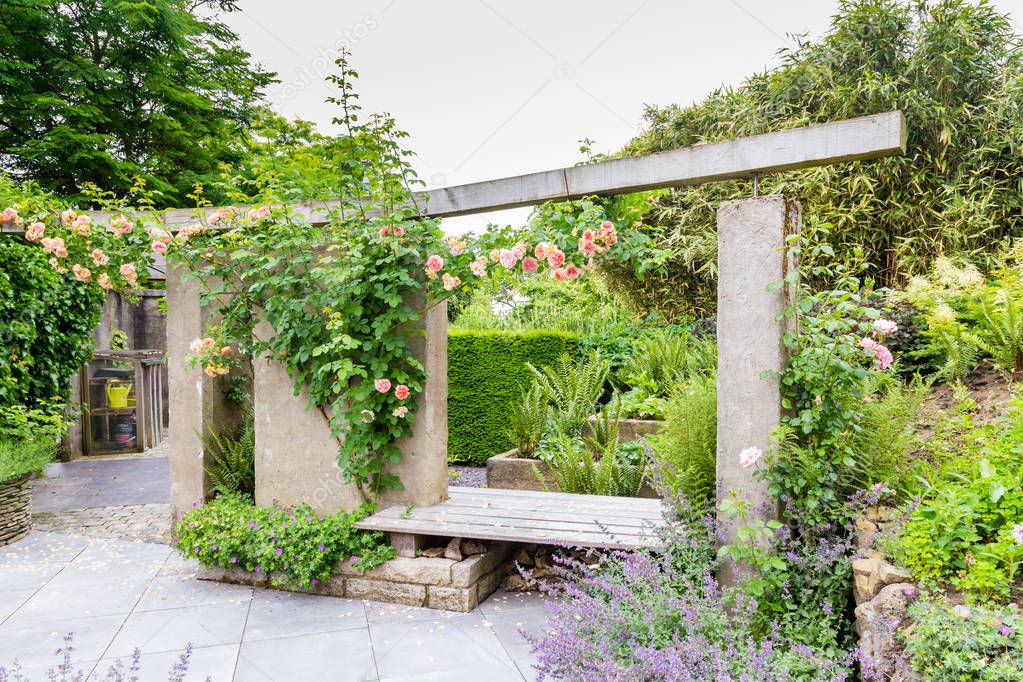 Garden design with a concrete gray wall