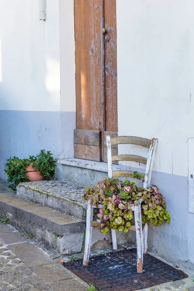 Alter Hölzerner Weißer Stuhl Mit Blumen Auf Sardinen — Stockfoto