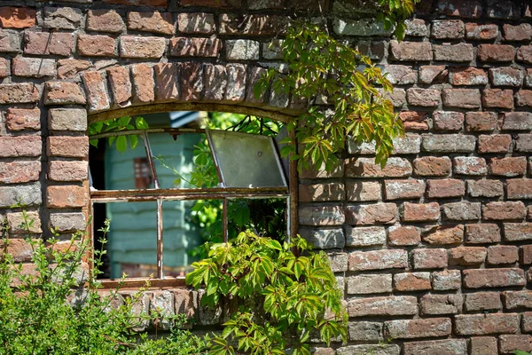 Mur de briques avec vieille fenêtre — Photo