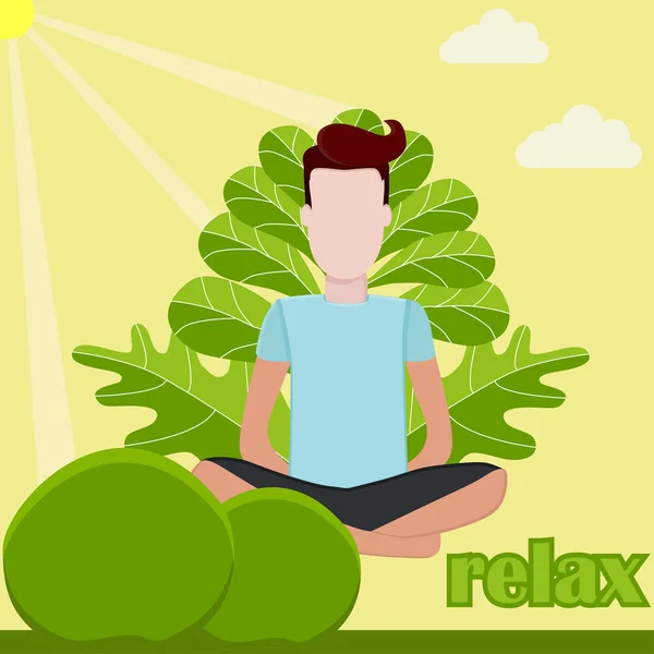Man boy meditating in nature and leaves. Concept illustration for yoga, meditation, relax, recreation, healthy lifestyle.