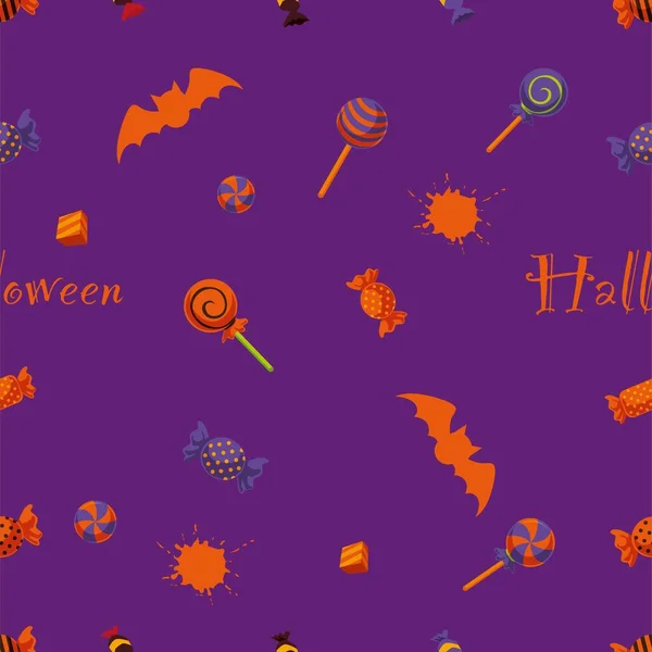 Halloween orange festive seamless pattern. Endless background with pumpkins, skulls, bats, spiders, ghosts, bones, candy cobwebs Vector illustration — Stock Illustration Halloween Orange Festive Seamless Pattern Endless Background Pumpkins Skulls Bats Royalty Free Stock Illustrations
