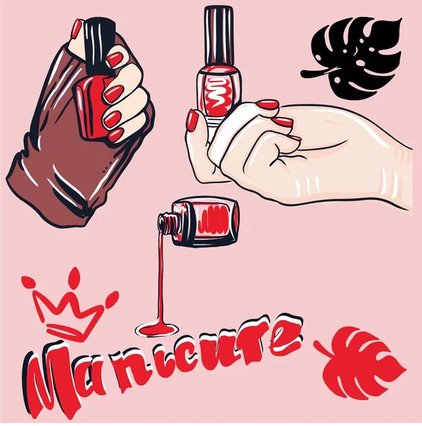 女性的手与手指 红色指甲油 一瓶指甲油 化妆和修指甲的概念 — 图库矢量图片