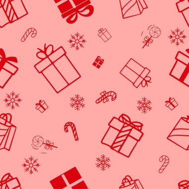 Hediye kutuları ve pembe arka planda kar taneleri olan Noel vektör deseni. Noel süsü. Noel Hediye Kutuları için Kağıt Paketi vektörü