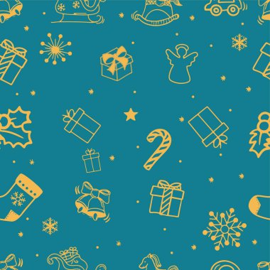 Mavi arka planda hediye kutuları ve kar taneleri olan Noel vektör deseni. Noel süsü. Noel Hediye Kutuları için Kağıt Paketi vektörü