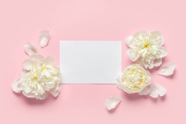 Beyaz şakayıklar ve pembe arka planda boş kağıtlar. Uzayı kopyala Üst görünüm.