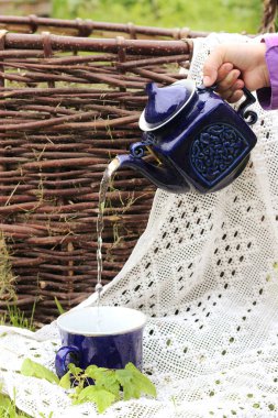 Eller çaydanlığı tutar ve mavi bir kaba su döker.