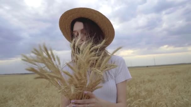 Una chica con sombrero de paja recoge un ramo de trigo y mira a la cámara. — Vídeos de Stock