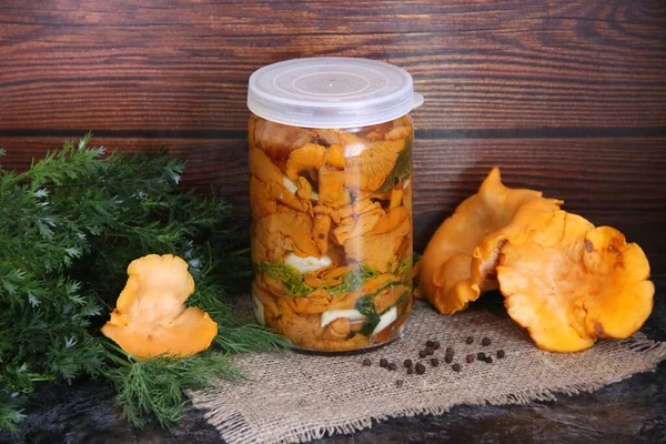 在绿叶和蘑菇的背景上放有咸味长柄的罐子 — 图库照片