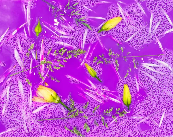Ярко Фиолетовое Весеннее Лето Крошечные Желтые Розы Эустомы Плавающие Фиолетовой — стоковое фото