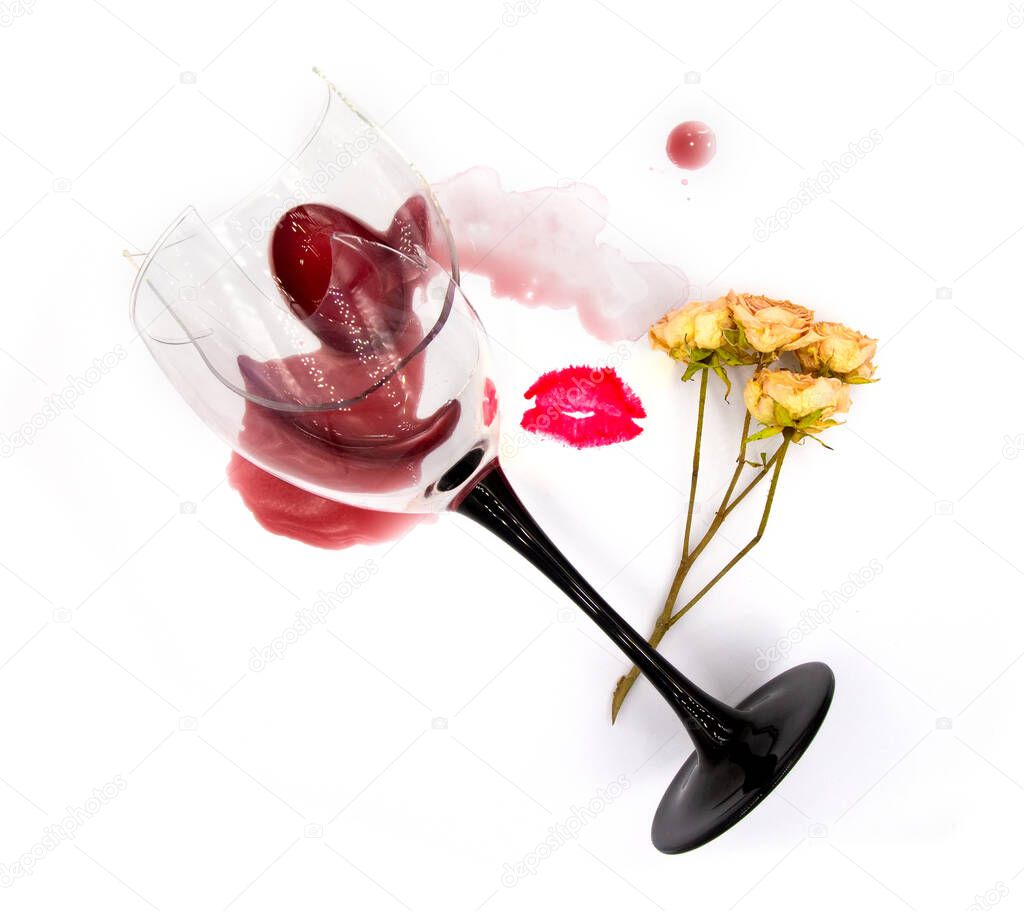 Dry sweet white wine in a broken glass, rose flower and a lipstick kiss isolated on white background. For winery, bar or restaurant tasting event or party ads, cards or posters.