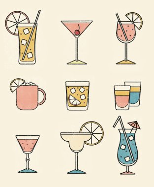 Çeşitli alkollü kokteyl bardakları yüksek martinili margarita eski moda Moskova katırı kupası koleksiyonu. Retro yazdırma yarım ton noktalı ofset kirli cesur çizgi roman yazdırma biçimi.
