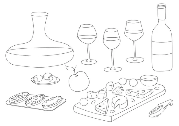 Doodle cartoon black and white line style vector illustration. A still life or set with variety of glasses, decanter, bottle and appetizers like cheese or olives. For wine bar restaurant menu ads. — Stock Vector