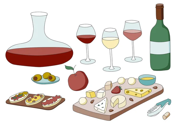 Doodle Cartoon Hipster Stil farbige Vektorillustration. Ein Stillleben oder Set mit verschiedenen Weingläsern, Karaffen, Flaschen und Vorspeisen wie Käse oder Oliven. Für Weinbar Restaurant Speisekarte oder Anzeigen — Stockvektor