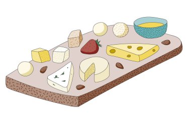 Çizgi film hipster stili renkli vektör çizimi. Peynir seti, badem ve bal kasesi. Bar restoranının menü reklamları, poster, kart, çiftçi pazarı gıda dekorasyonu, web sitesi tasarımı veya çıkartmaları.