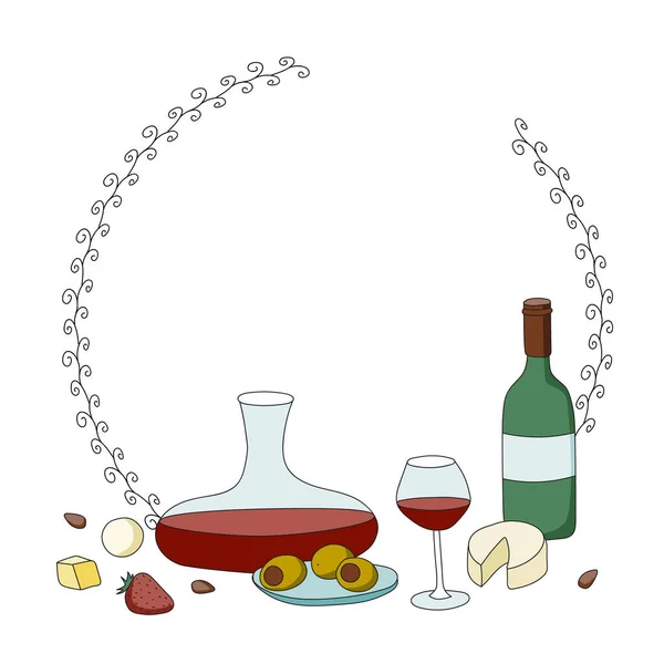 Doodle Cartoon Hipster Stil farbigen Vektor ovalen Ring Frame Illustration. Ein Stillleben mit verschiedenen Weingläsern, Karaffen, Flaschen und Häppchen. Bar-Speisekarte, Plakat, Karte oder Aufkleber — Stockvektor